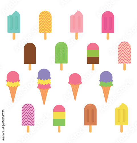 A set of multicolored ice creams of various types and colors. Ice cream cones. Ice cream on a stick. Vector illustration.