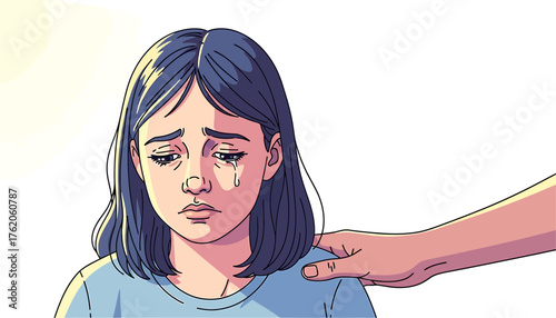 A comforting touch for a sorrowful girl Illustration of empathy and support in a moment of distress