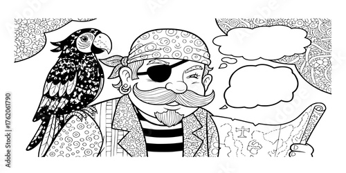 Colorful and black and white pattern for coloring. Illustration of funny pirate with a parrot. Worksheet for children and adults. Vector image.

