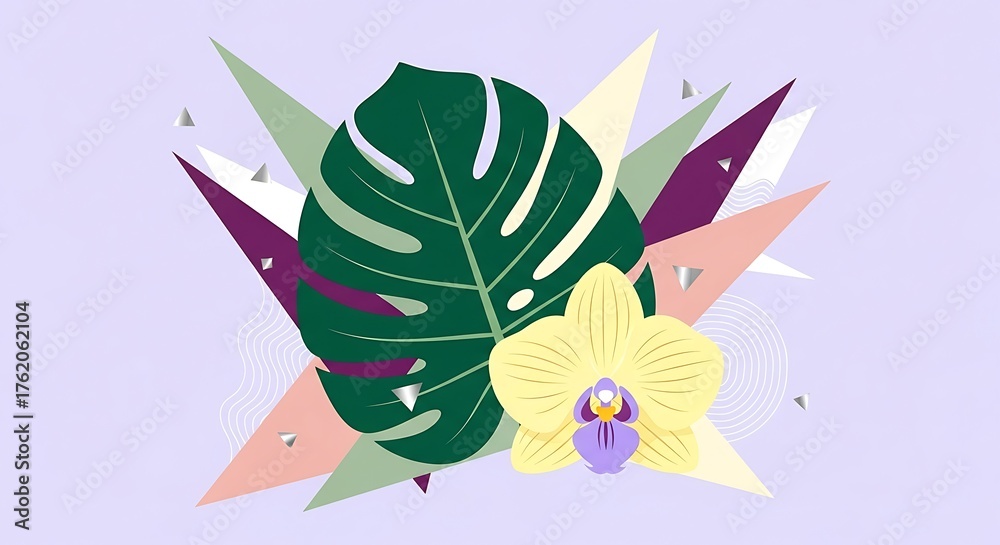 Fototapeta premium Tropical Monstera Leaf and Yellow Orchid with Geometric Shapes.