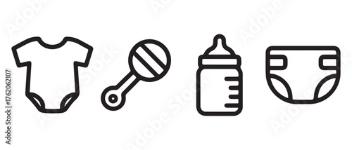 Baby Care Icons. Line Art of Onesie, Rattle, Bottle, and Diaper for Infant Product Design.