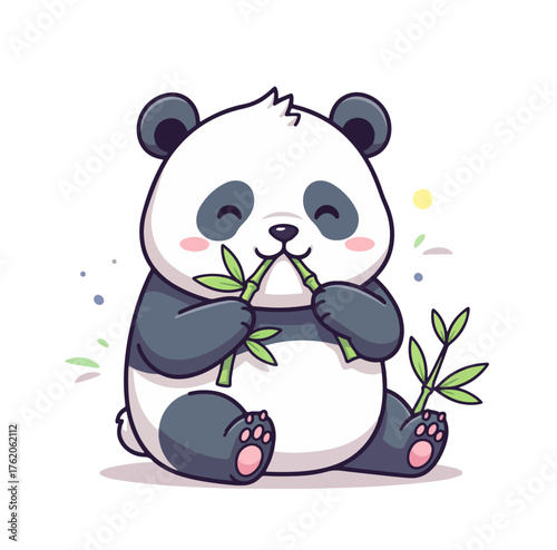 Chubby panda eating bamboo, kawaii style flat vector illustration, soft pastel colors