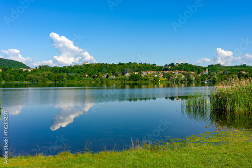 Spring landscape of Lake Comabbio in Varano Borghi, Varese, Lombardy, Italy 