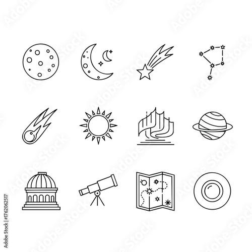 Astronomy and Space Exploration Icons Set in Outline Style.