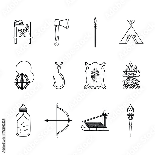 Collection of Hunting and Survival Icons: Traps Tools and Shelter.