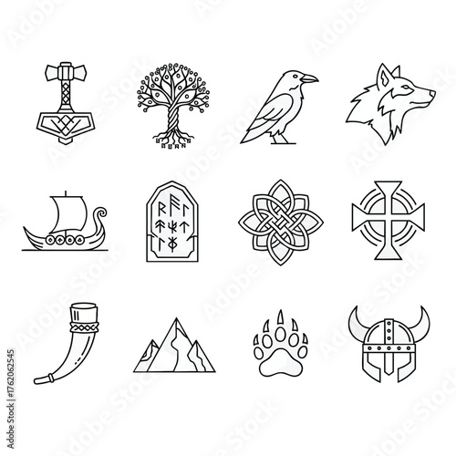 Collection of Viking Symbols: Thors Hammer Yggdrasil Raven Wolf Drakkar Runestone Knot Cross Horn Mountain Paw Helmet.