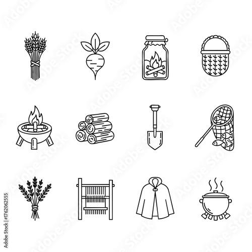 Collection of Rustic and Agricultural Icons Depicting Harvest and Rural Life.