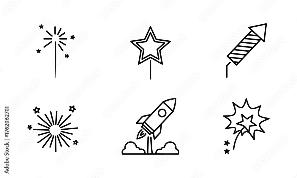 Fototapeta premium Collection of six simple line art fireworks and rocket illustrations isolated on white background