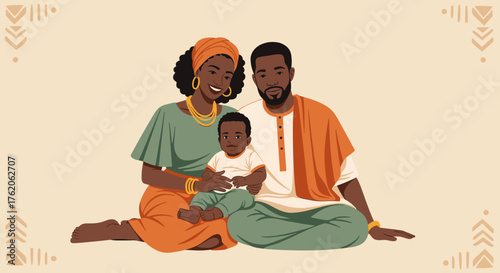 An African family holding a baby poses seated, ideal for highlighting cultural values ​​and family themes in advertising or educational materials.
