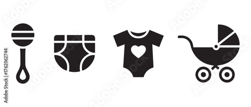 Baby Essentials Icon Set. Rattle, Diaper, Onesie with Heart, and Stroller in Minimalist Black Design.