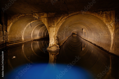 Tablou pe pânză Two sewer pipes connecting with large sewage and drain water collector