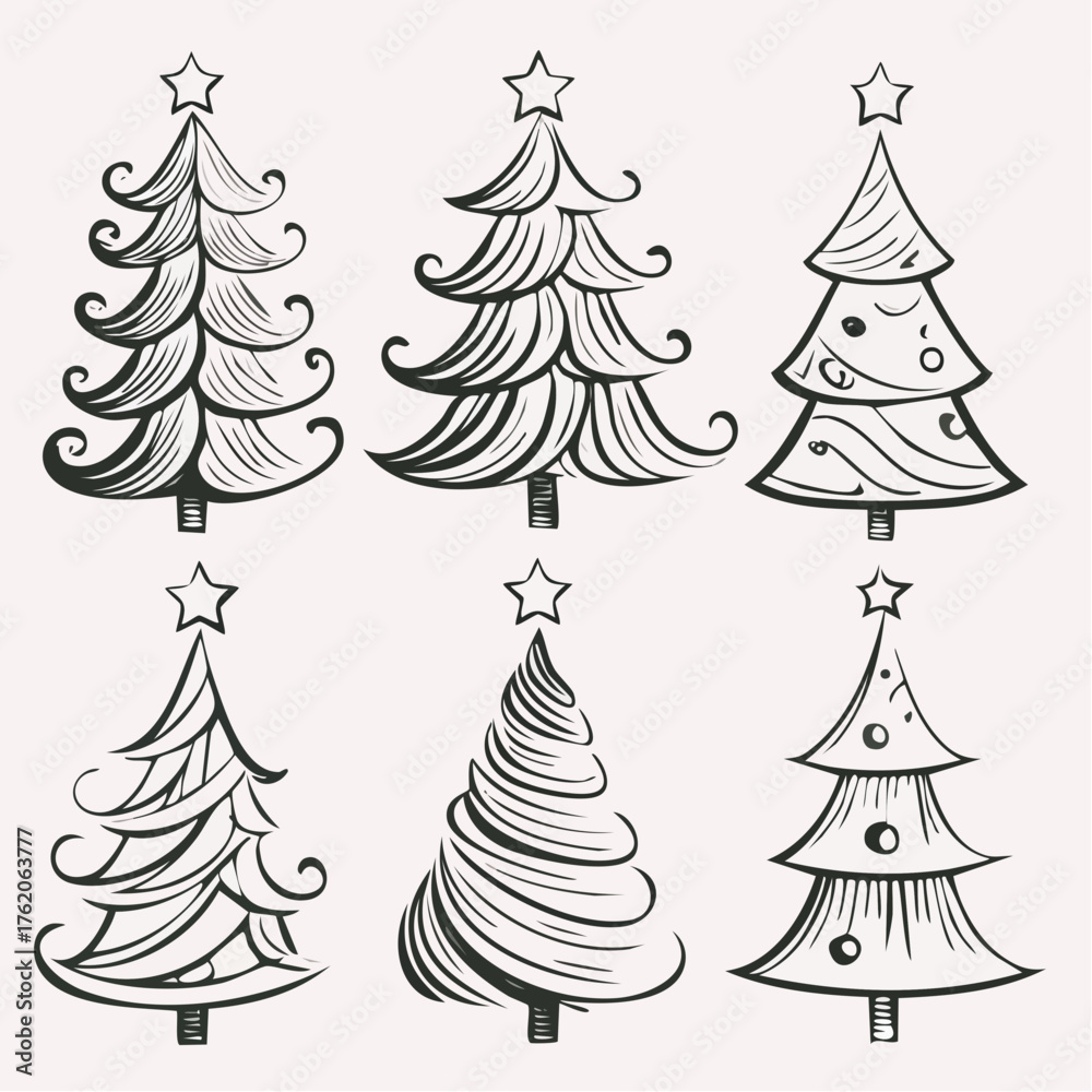 Obraz premium Minimalist vector set of Christmas tree icons. Includes line art and solid filled variations, representing holidays and winter season joy. Suitable for corporate and casual projects.