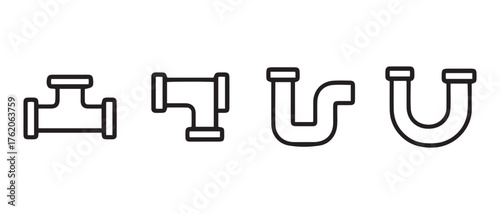 Plumbing Pipe Fitting Icon Set. T-Joint, Side Outlet Elbow, P-Trap, and U-Bend Silhouettes for Drainage, Ventilation & System Design.