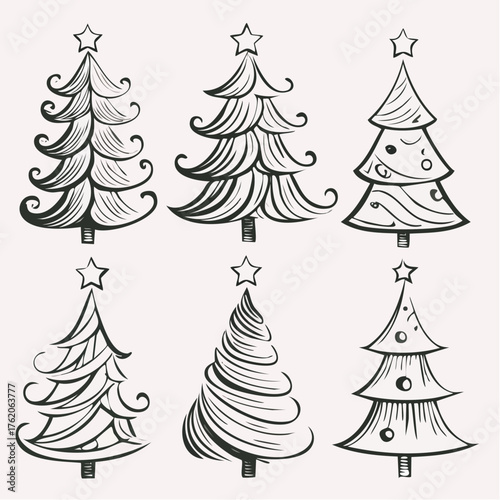 Minimalist vector set of Christmas tree icons. Includes line art and solid filled variations, representing holidays and winter season joy. Suitable for corporate and casual projects.