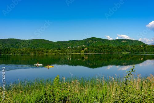 Spring landscape of Lake Comabbio in Varano Borghi, Varese, Lombardy, Italy 
