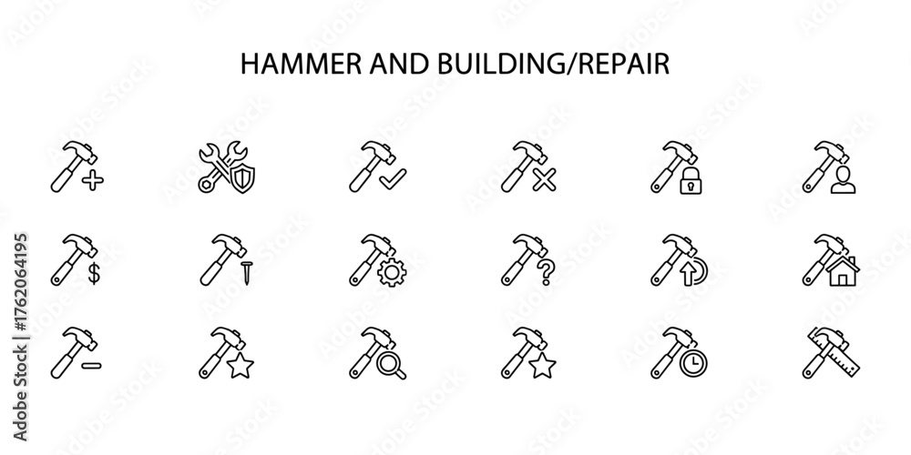 Naklejka premium Set of linear construction and repair icons with hammer and various symbols