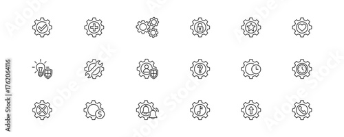 Set of black and white outline icons in gear symbols for user interface themes