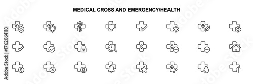 Set of medical-themed outline icons with cross symbol in minimalist style