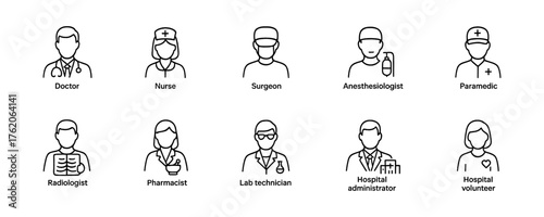 Set of medical profession line icons in black outline style