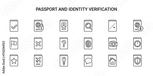Set of line icons for Passport and Identity Verification in black and white