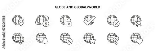 Set of line icons with globe theme: location pin, dollar sign, padlock, checkmark, cross, airplane, shield, bell, ban symbol, star, question mark, heart