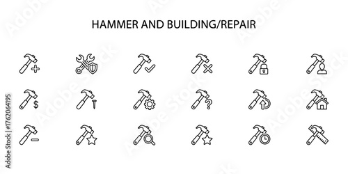 Set of linear construction and repair icons with hammer and various symbols
