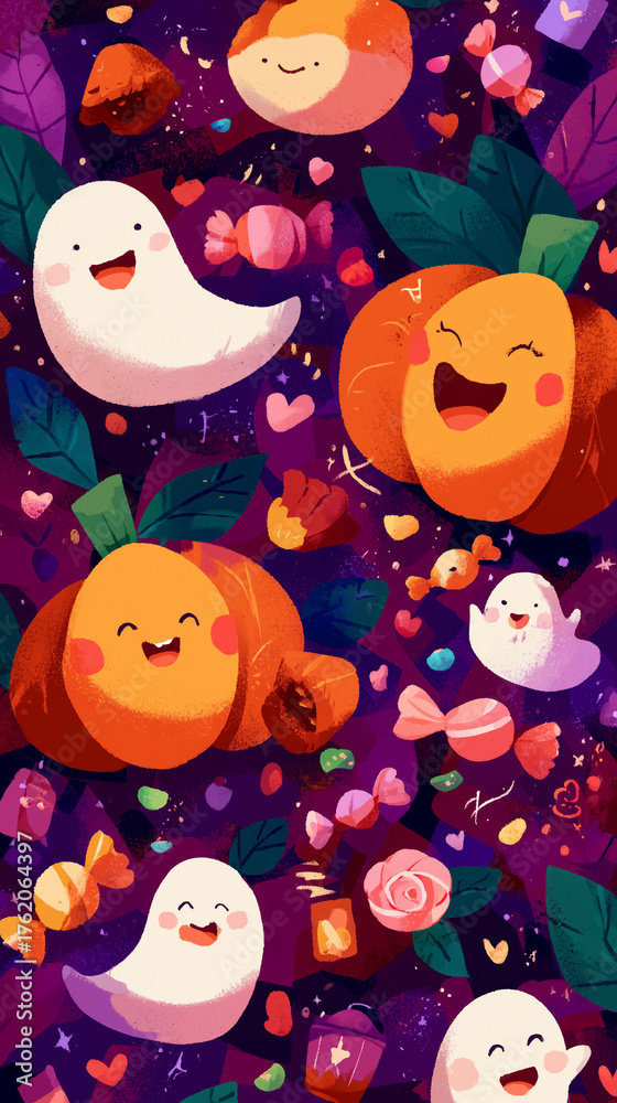 Obraz premium Cartoon backgrounds for Halloween with cute ghosts, witches, and pumpkins.