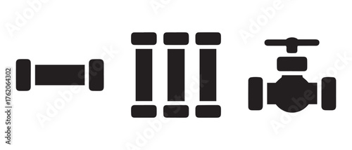 Plumbing Component Icons. Pipe Connector, Bundle, and Gate Valve Silhouettes.