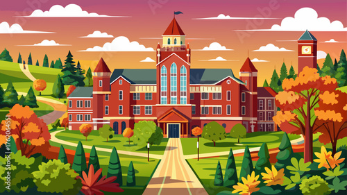 Very beautiful sunny day view of Old Main at the University of Arkansas, showcasing its historic red brick facade, towers, and lush green campus surroundings.
