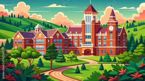 Very beautiful sunny day view of Old Main at the University of Arkansas, showcasing its historic red brick facade, towers, and lush green campus surroundings.
