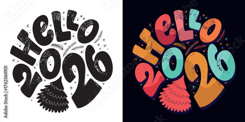 Merry Christmas and Happy New 2026 Year - cute hand drawn doodle lettering postcard. Hello 2026. Holly Jolly, Tis the season.