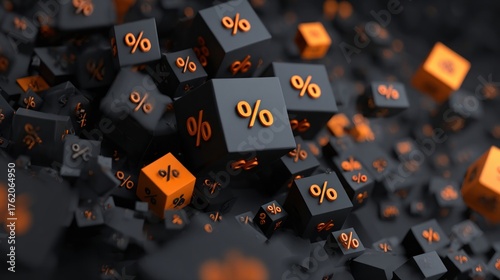 3D black cubes with percentage symbols on dark background, Black Friday sale poster design