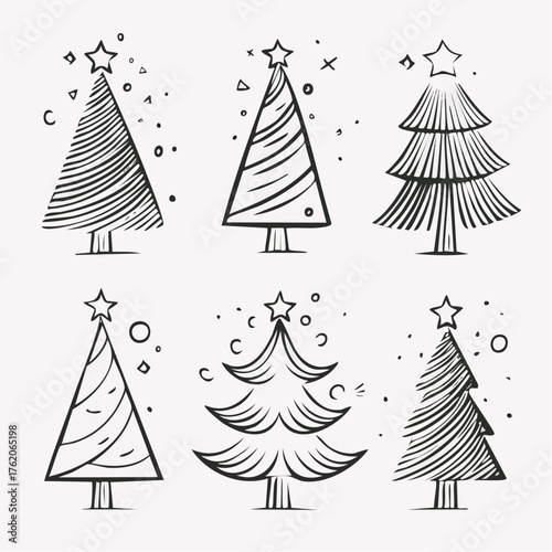 A comprehensive vector icon set of various Christmas trees, perfect for holiday greetings, web design, mobile apps, and seasonal marketing materials. Easily editable and scalable.