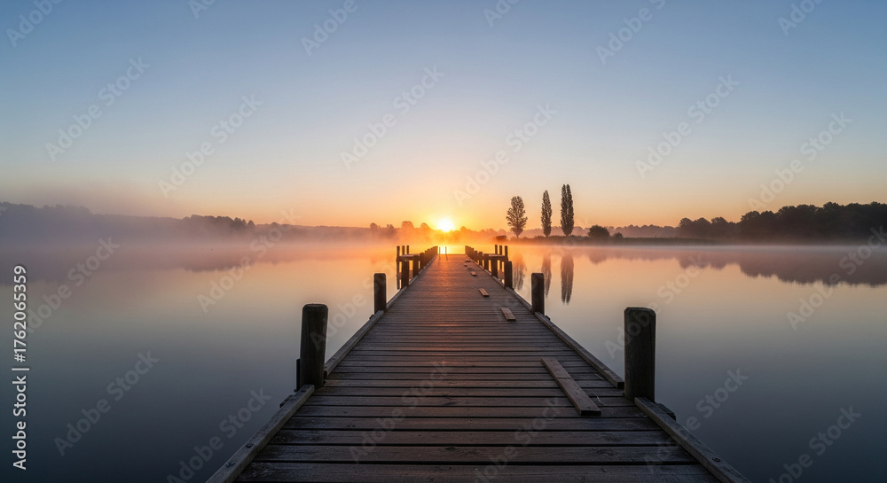Fototapeta premium A wooden pier stretching over a calm misty lake at sunrise