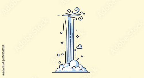 A waterfall cascades down with wind blowing and mist rising.