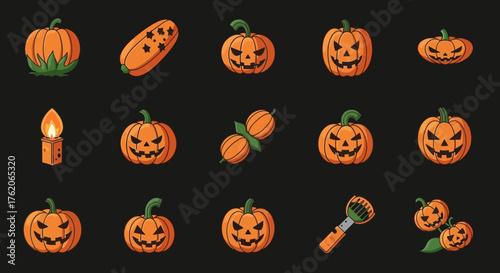 Collection of various orange pumpkins and related Halloween-themed objects on a dark background.