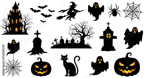 Halloween silhouettes: haunted house, witch, ghosts, spider, graveyard, pumpkin, cat.