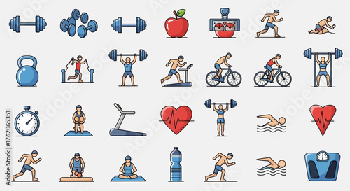 A collection of colorful flat icons representing various fitness, gym, and healthy lifestyle activities.