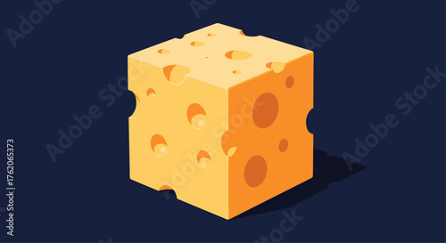 A cube shaped piece of swiss cheese casting a shadow.