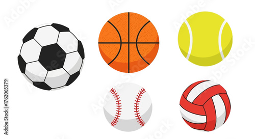 A collection of various sports balls, including soccer, basketball, tennis, baseball, and volleyball.