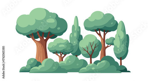 A charming cluster of stylized deciduous and coniferous trees and bushes forms a delightful natural scene.