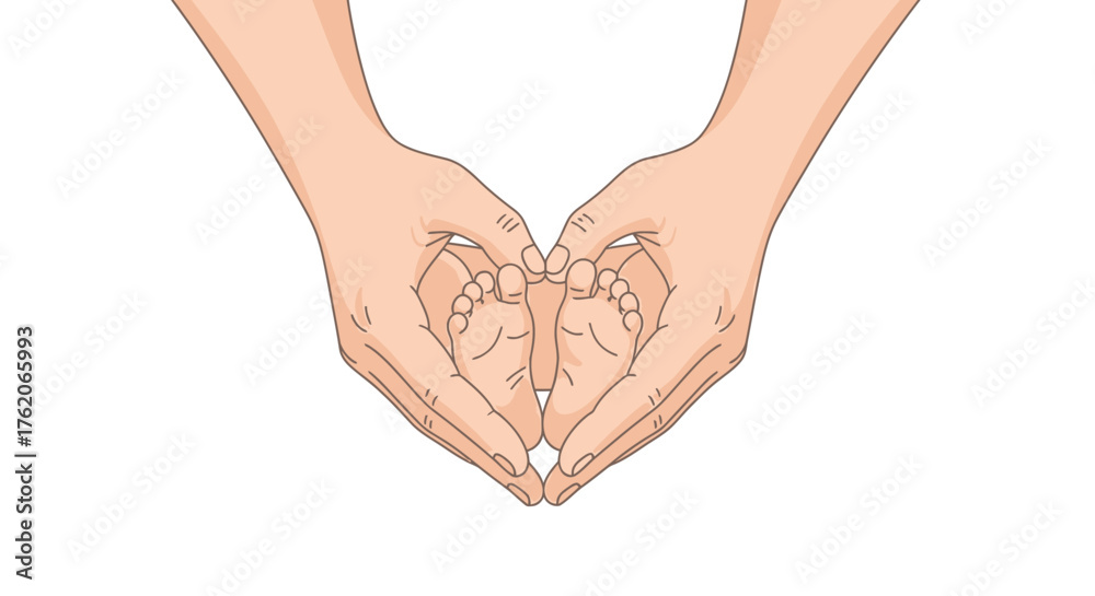 Fototapeta premium Tiny Feet in Loving Hands Newborn Concept Illustration