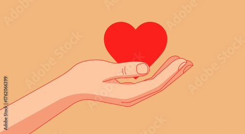 Hand holding a red heart symbol, representing love and care.