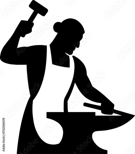Silhouette of a blacksmith shaping metal with hammer - traditional craft vector. with white background 