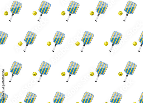Pickleball yellow and blue color stripe pattern paddle and yellow ball seamless pattern