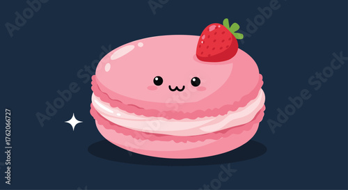 A cute pink macaron with a strawberry on top.