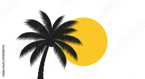 Silhouette of palm tree with yellow sun on a white background illustration