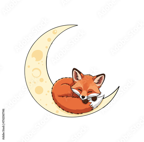 Cute baby fox sleeping on crescent moon, dreamy vector t-shirt illustration, whimsical pastel design
