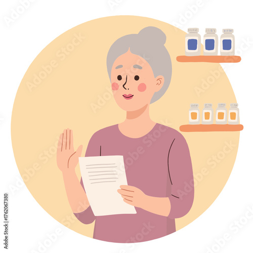 Elderly Woman Holding Prescription. Senior Woman with Medical Documents. Older Female with Doctor’s Paper. Elderly Health Care Illustration. Elderly set