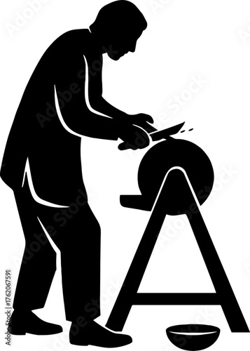 Silhouette of man sharpening knife on old wheel grinder - vintage work scene.  vector. with white background 